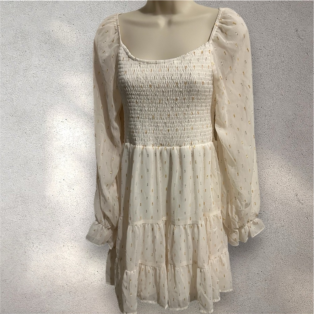 Altar'd State Cream and Gold Smocked Dress Women’s Small